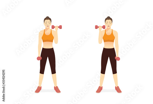Sport Women doing Fitness with the dumbbell curl in left and right arm. Illustration about Build Muscle and Boost metabolism with Weighted Workout. target to bicep muscles.