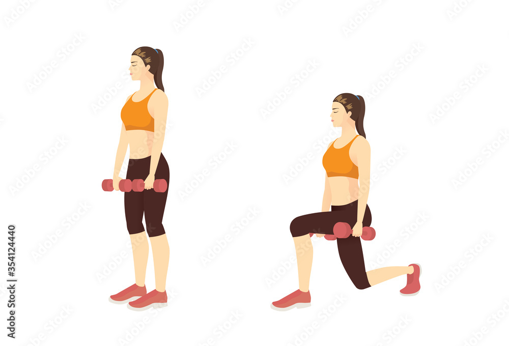 Sport Woman doing exercise with Dumbbell Lunge in 2 step. Workout diagram of Fitness with lightweight equipment for leg muscles. Sport Woman doing exercise with Dumbbell Lunge in 2 step. Workout diagram of Fitness with lightweight equipment for leg muscles.