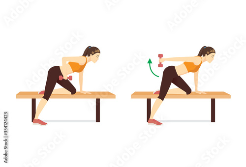 Sport Woman doing One Arm The dumbbell kickback Exercise on Bench in 2 steps. target on Triceps muscles and shoulders. Illustration about easy Fitness during stay at home. photo