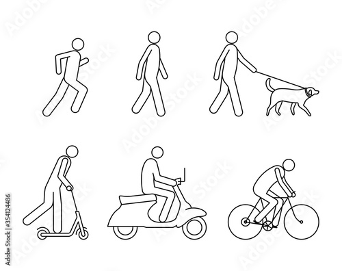 People in action icons, urban life. Walking, running, walking with a dog, riding scooter, motorcycle, bike