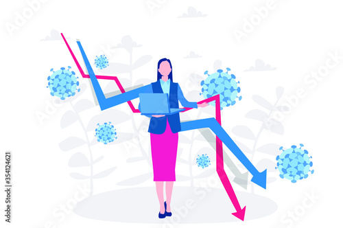 Small business recession concept, arrow pointing down. Vector illustration for web banner, infographics, mobile. businesswoman and arrow pointing down graph with Coronavirus 