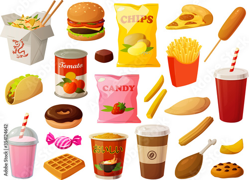 Vector illustration of various unhealthy sweet and deep fried convenient fast take out food isolated on white background