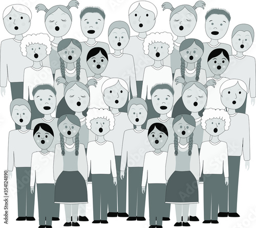 Children's choir . Lesson of choral singing in children. Children sing all together.