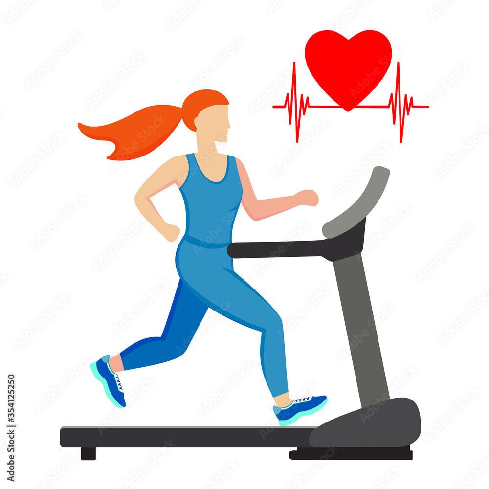 Young woman running on a treadmill isolated on white background. Cardio training. Vector illustration.