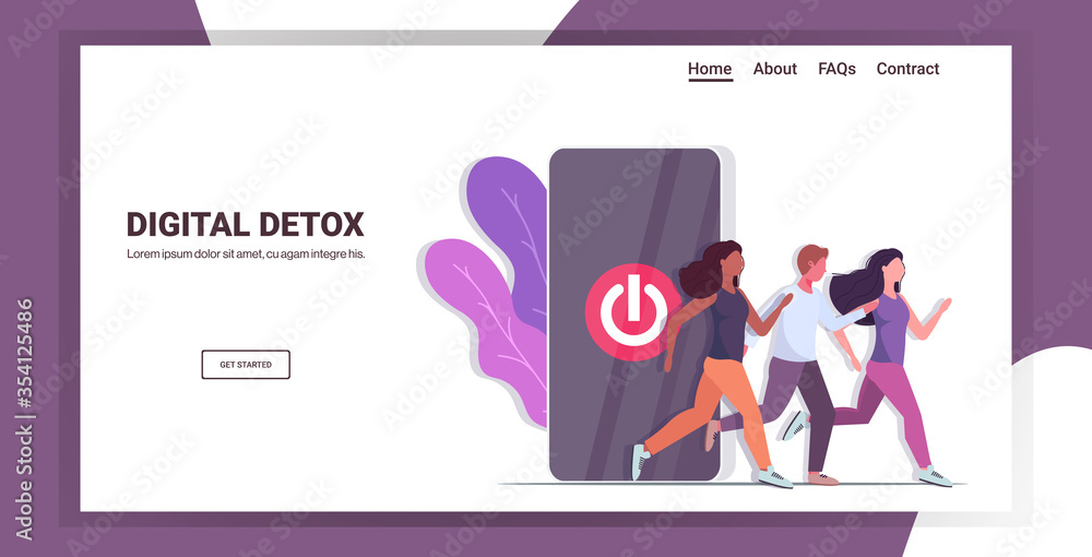 mix race people running out smartphone screen with turn off button digital detox rest from devices concept users abandoning internet and social networks horizontal copy space vector illustration mix race people running out smartphone screen with turn off button digital detox rest from devices concept users abandoning internet and social networks horizontal copy space vector illustration