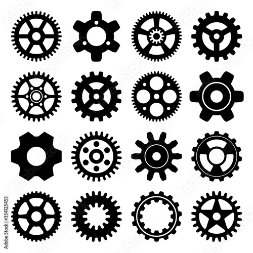 Mechanical cogwheel gear 16 type sets, black silhouette, isolated on white background. Vector illustration.