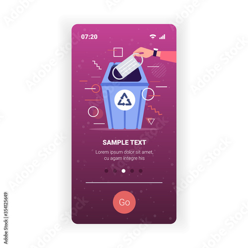 human hand throwing away medical mask into bin victory over coronavirus pandemic quarantine covid-19 is ending concept smartphone screen mobile app copy space vector illustration