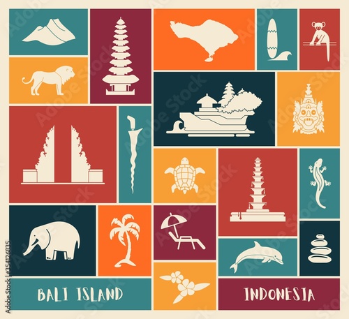 Bali, Indonesia icons set. Attractions, flat design. Tourism in Bali, isolated vector illustration. Traditional symbols
