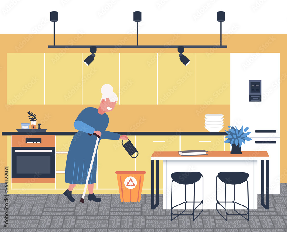 senior woman throwing away medical mask in urn victory over coronavirus pandemic quarantine covid-19 is ending concept kitchen interior horizontal full length vector illustration senior woman throwing away medical mask in urn victory over coronavirus pandemic quarantine covid-19 is ending concept kitchen interior horizontal full length vector illustration