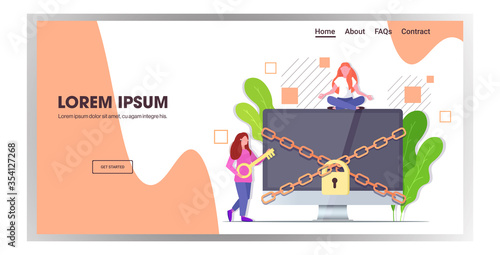 woman holding key near computer monitor with chain and lock digital detox rest from devices concept users abandoning internet and social networks horizontal copy space vector illustration