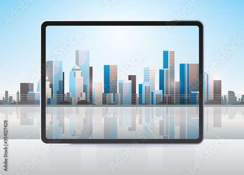 transparent tablet computer screen cityscape background realistic gadgets and devices concept horizontal vector illustration