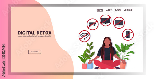 woman sitting lotus pose gadgets in red prohibition signs digital detox rest from devices concept girl abandoning internet and social networks horizontal full length copy space vector illustration