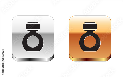 Black Aftershave icon isolated on white background. Cologne spray icon. Male perfume bottle. Silver-gold square button. Vector Illustration.