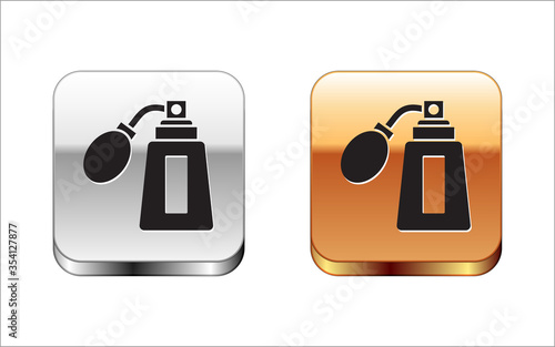 Black Aftershave bottle with atomizer icon isolated on white background. Cologne spray icon. Male perfume bottle. Silver-gold square button. Vector Illustration.