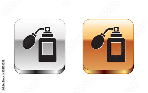 Black Aftershave bottle with atomizer icon isolated on white background. Cologne spray icon. Male perfume bottle. Silver-gold square button. Vector Illustration.