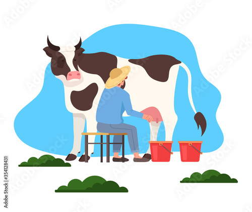 Man farmer milk cow. Vector flat graphic design illustration