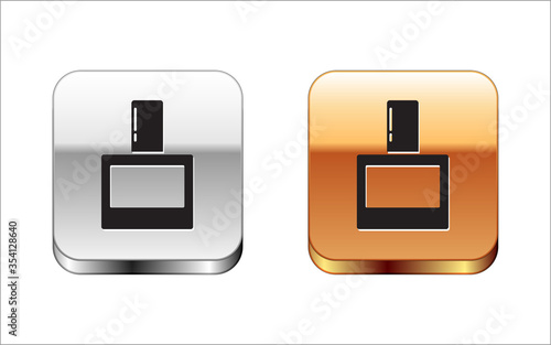 Black Aftershave icon isolated on white background. Cologne spray icon. Male perfume bottle. Silver-gold square button. Vector Illustration.