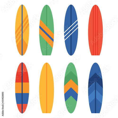 Set of different colourful surfboards. Summer surfing