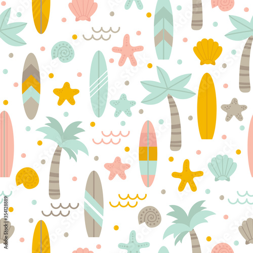 Summer seamless pattern with surfboards, palm trees and shells. Cute sea background. Perfect for fabric, textile and wrapping paper