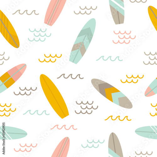 Summer seamless pattern with surfboards. Cute sea background. Flat style design