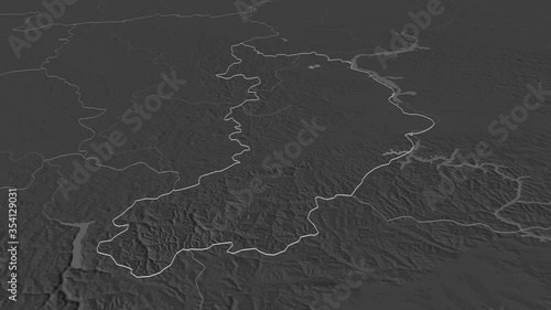 Khakass, republic with its capital, zoomed and extruded on the bilevel map of Russia in the conformal Stereographic projection. Animation 3D photo