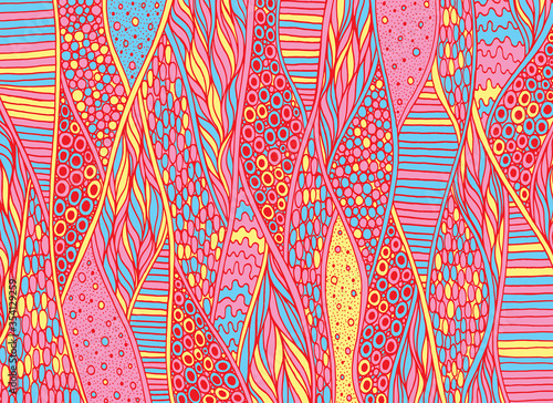 Doodle pattern background. Zentangle art. Trippy pattern. Neon color floral organic ornament. Psychedelic texture. Vector illustration