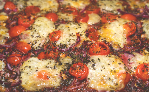 Close up of a pizza with fresh mozzarella tomatoes red onion and oregano home made