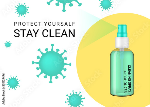 Glossy Spray Transparent Bottle with hygienic sanitizer Alcohol and Corona Virus Protection Advertising. New Normal Background Illustration. Health Care and Medical concept design.