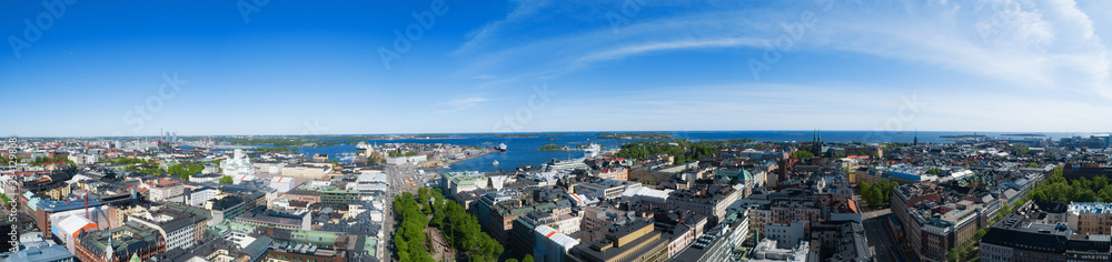 Helsinki panoramic aerial view in summer time. Esplanadi park and cathedral at the Old Town in Helsinki. Blue sky. City center aerial view. Finland