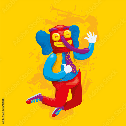 Character from the Barranquilla Carnival called Marimonda. Vector illustration of Colombian folklore character on a background with notes and musical instruments.
