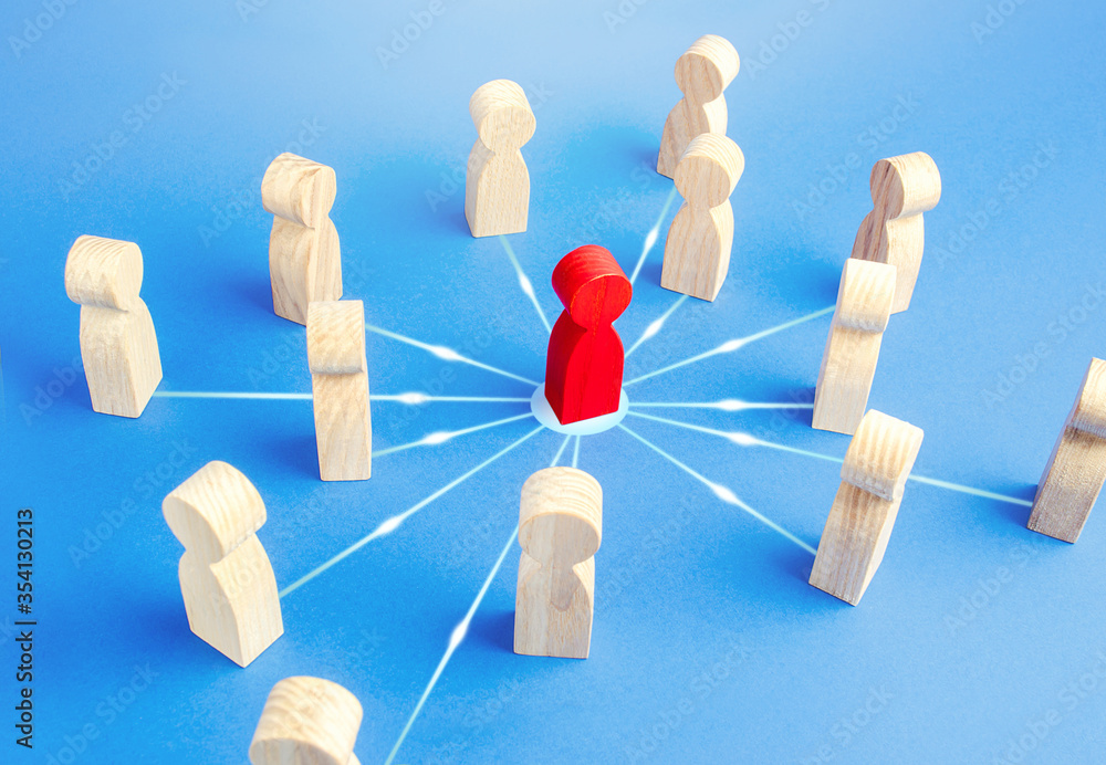 Obraz premium Red person attracts surrounding people. Leadership skills. Followers of leader and his ideas. Cooperation, collaboration to achieve goals. Influence, power. Bringing people together to solve a problem