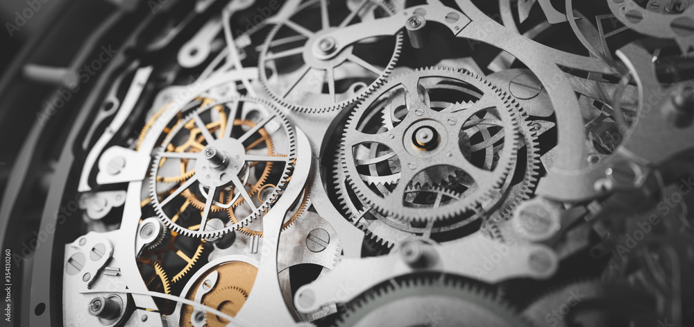 Gears and cogs in clockwork watch mechanism. Craft and precision - obrazy, fototapety, plakaty 