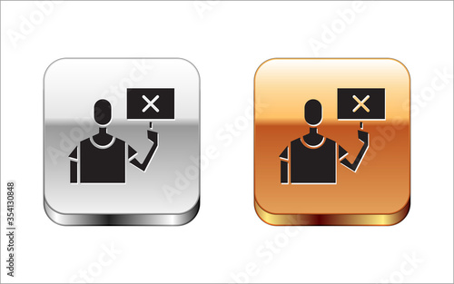 Black Nature saving protest icon isolated on white background. Earth planet protection, environmental issues demonstration. Silver-gold square button. Vector Illustration.