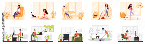 Freelance developer quarantined at home. Color vector cartoon illustration.