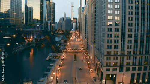 Aerial footage of Downtown Chicago during the riots for the killing by. All bridges were up to limit people from entering downtown.