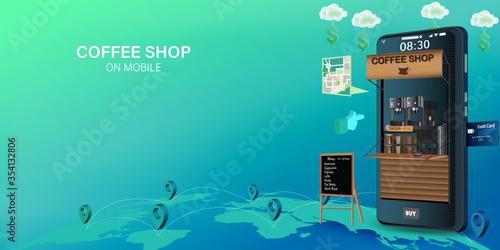 Coffee shop delivery on mobile. E-commerce online concept. Online coffee, food and drink order infographic. Webpage, app design. vector illustration.