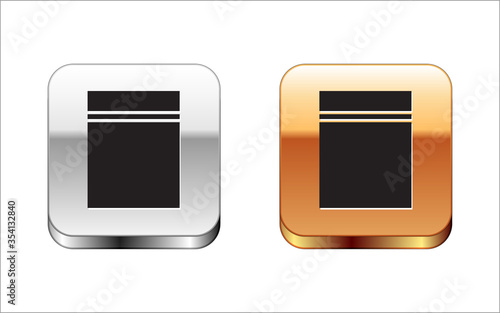 Black Plastic bag with ziplock icon isolated on white background. Silver-gold square button. Vector Illustration.