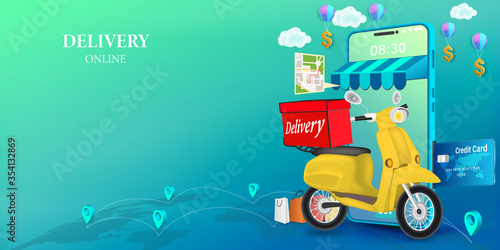 Fast delivery by scooter on mobile. E-commerce online concept. Online food order infographic. Webpage, app design. vector illustration.