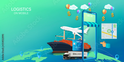 Logistics Online delivery service, online order tracking,Delivery home and office. City logistics. Warehouse, truck, forklift, courier. vector illustration.