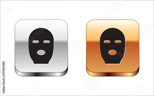 Black Thief mask icon isolated on white background. Bandit mask, criminal man. Silver-gold square button. Vector Illustration.