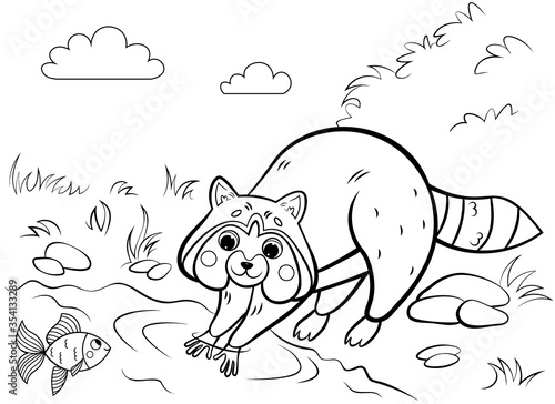 Coloring page outline of cute cartoon raccoon rinsing with a fish. Vector image with nature background. Coloring book of forest wild animals for kids