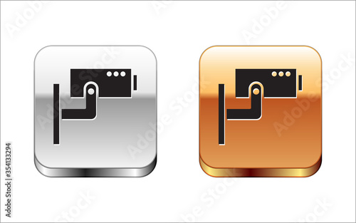 Black Security camera icon isolated on white background. Silver-gold square button. Vector Illustration.