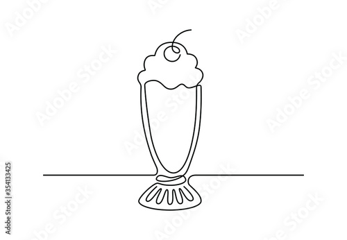 Continuous one line drawing milkshake. Glass with cocktail and cherry in minimalist design made of one line, summer cafe theme. Vector illustration