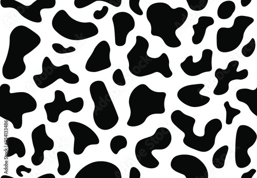 Cow print seamless pattern. Animal skin, abstract background with black and white chubby dots. Trendy texture for fabric, print, banner wallpaper. Vector illustration