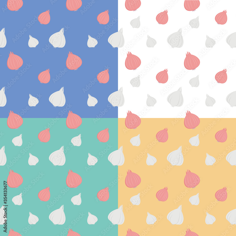4 vector style for seamless pattern with fresh organic vegetables, onions and garlic 4 vector style for seamless pattern with fresh organic vegetables, onions and garlic