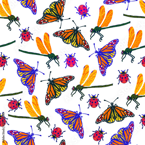 Seamless summer pattern with butterflies and dragonflies
