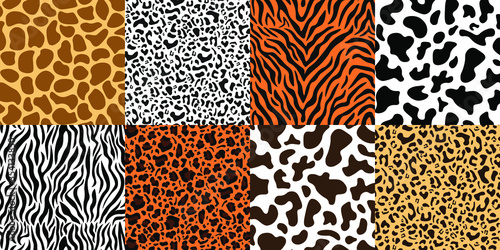 Set of animal print patterns. Trendy abstract backgrounds, animal skin - tiger and zebra stripes, leopard spots, giraffe and cow print for fabric, textile, print. Vector illustration