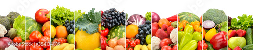 Fototapeta Naklejka Na Ścianę i Meble -  Wide photo of multi-colored fresh fruits and vegetables divided vertical lines isolated on white