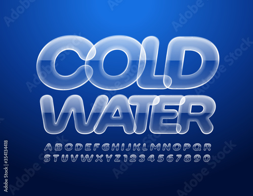 Vector iced sign Cold Water with Transparent Front. Glass Alphabet Letters and Numbers