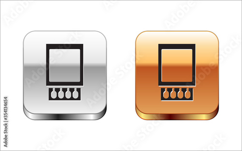 Black Open matchbox and matches icon isolated on white background. Silver-gold square button. Vector Illustration.